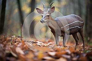 duiker grazing on leaves in forest clearing