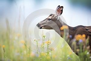 duiker sniffing air amidst wildflowers