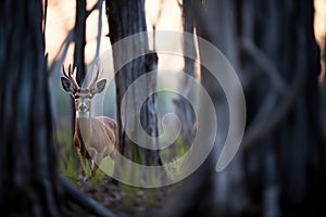 a duikers silhouette at dusk among tree trunks