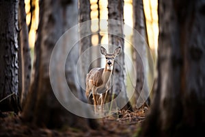 a duikers silhouette at dusk among tree trunks