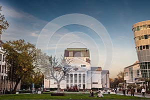 DUISBURG, GERMANY - NOVEMBER 11, 2022: Theater Duisburg with a blue sky at dusk. Part of Deutsche Oper am Rhein, Theater Duisburg