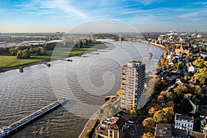 Duisburg Ruhr Area. Rhein River. Drone Aerial in autumn