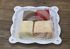 Dukan Diet. Set of cake, Red Velvet, Napoleon cake ,Carrot cake fresh delicious diet cake at Dukan Diet on a wooden background
