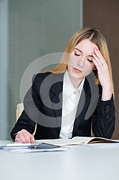 Dull boring work sad business woman office papers