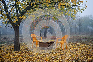 Dull and depressing scenery of two yellow empty plastic chairs around blank table outside in the backyard, below an apricot tree