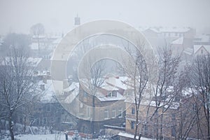Dull and foggy winter day in Vilnius, Lithuania