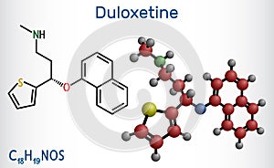 Duloxetine antidepressant drug molecule. It is used to treat anxiety disorder, neuropathic pain, osteoarthritis. Structural
