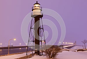 Duluth Harbor South Breakwater Inner Lighthouse during snow storm