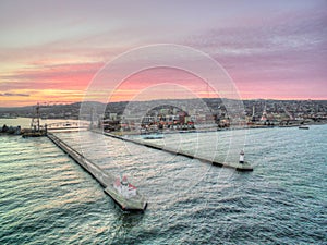 The Duluth Lift Bridge and Piers during Sunset in Minnesota Summer