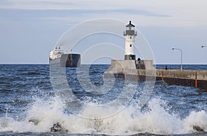 Duluth N Pier Lighthouse & Ship