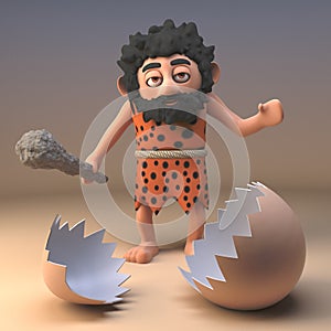 Dumb caveman savage character with club looks at a broken dinosaur eggshell, 3d illustration