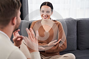 Dumb woman communicating nonverbal photo