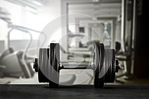 Dumbbell, barbell and workout in the gym. Copy space for text or decoration.