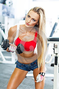 Dumbbell bicep curl by a fitness girl