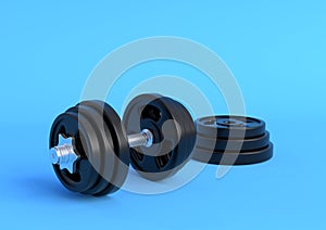 Dumbbell with black plates isolated on blue background