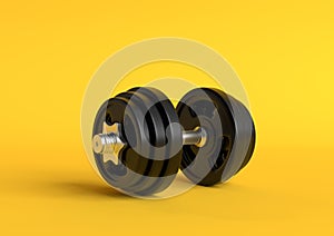 Dumbbell with black plates isolated on pastel yellow background