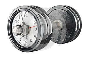 Dumbbell with clock. Sport time, concept. 3D rendering
