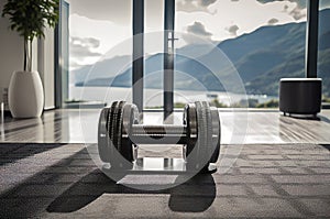 Dumbbell equipment on luxuries carpet home fitness area. Generate ai