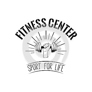 Dumbbell. Fitness center logo. Hand holding weight. Train badge. Sport icon. Vector.