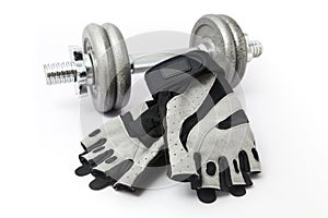 Dumbbell and Fitness Gloves on white background