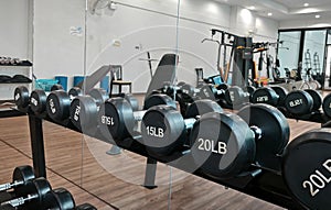 Dumbbell at fitness Gym to build muscle ,Sports equipment in gym