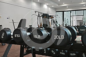 Dumbbell at fitness Gym to build muscle ,Sports equipment in gym