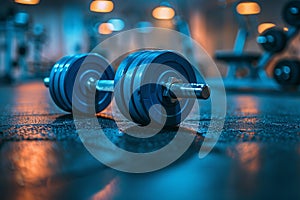 Dumbbell free weight used in weight training on gym floor