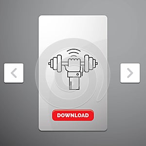 Dumbbell, gain, lifting, power, sport Line Icon in Carousal Pagination Slider Design & Red Download Button