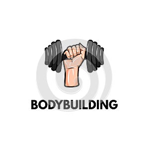 Dumbbell. Hand holding weight. Bodybuilding inscription. Vector illustration.