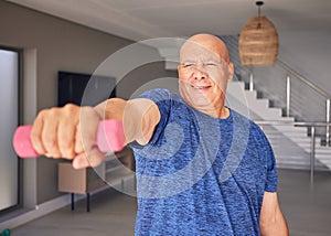 Dumbbell, hand or old man in home fitness workout for power, exercise or strong arms in retirement. Activity, gym or