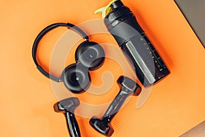 Dumbbell, headphones equipment for workout exercise