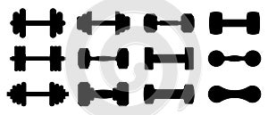 Dumbbell icon. Set of different dumbbell. Dumbbells for a sports hall. Black sign design