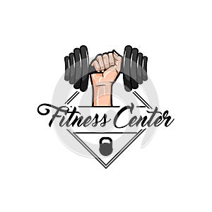 Dumbbell, Kettlebell badges. Fitness center logo label design. Hand holding dumbbell. Vector.