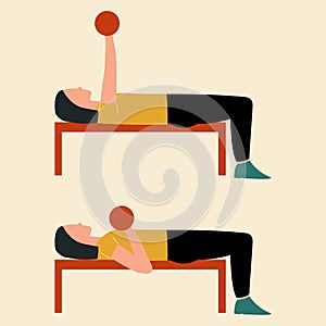 Dumbbell overhead press. Top body workout. Upper body exercises. Flat vector illustration