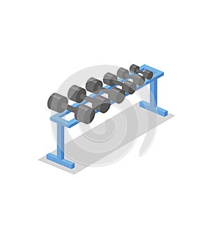 Dumbbell rack, training equipment for the gym. Fitness equipment isometric illustration. Colorful flat vector