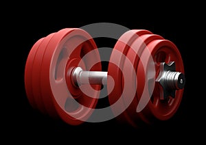 Dumbbell with red plates isolated on black background