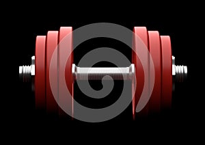 Dumbbell with red plates isolated on black background