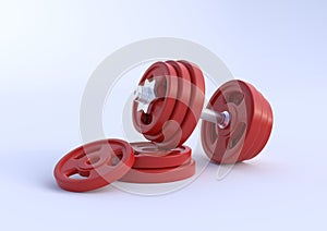 Dumbbell with red plates isolated on white background