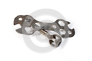 dumbbell spanner and vintage  dogbone wrenches for hexagonal head cap  Bike screws, soft focus close up photo