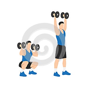 Dumbbell squat thrusters. squat to overhead press exercise