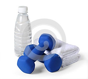 Dumbbell, towel, bottled water