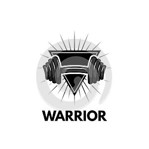 Dumbbell. Triangle. Sport badge. Fitness center logo. Warrior text. Vector.