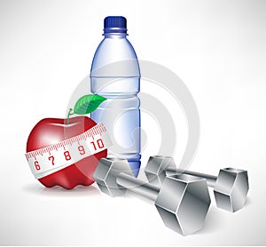 Dumbbell with water bottle and apple with measure
