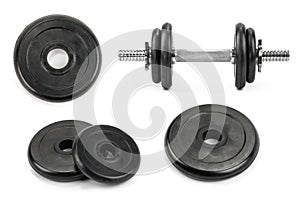 Dumbbell weight plates isolated white background