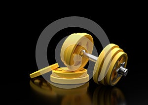 Dumbbell with yellow plates isolated on black background