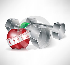 Dumbbells with apple and measure tape