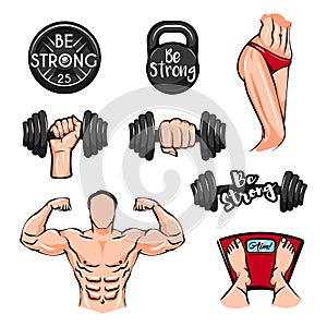 Dumbbells, Bodybuilder, Fitness body, Weigth Kettlebell. Fitness gym icons. Vector.