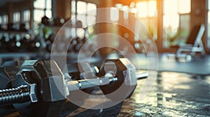 dumbbells closeup details in gym, empty modern interior with various equipment