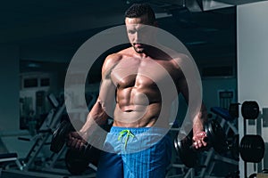 Dumbbells exercises. Bodybuilder training biceps in gym. Sport and workout. Sportsman with shirtless torso athletic body