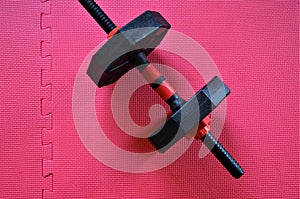 Dumbbells for exercises in a home gym on a pink mat